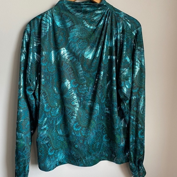 Bernard Cowan Vintage Satin Blouse Green Metallic Mock Neck Size 11/12 - Picture 6 of 13
